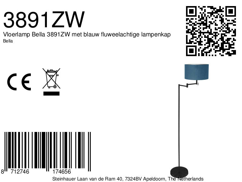 Vloerlamp Bella 3891ZW met blauw fluweelachtige lampenkap