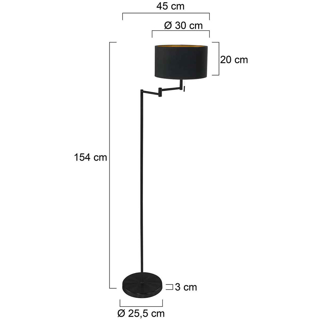 Vloerlamp Bella 3892ZW met zwart linnen kap met goudkleurige binnenkant