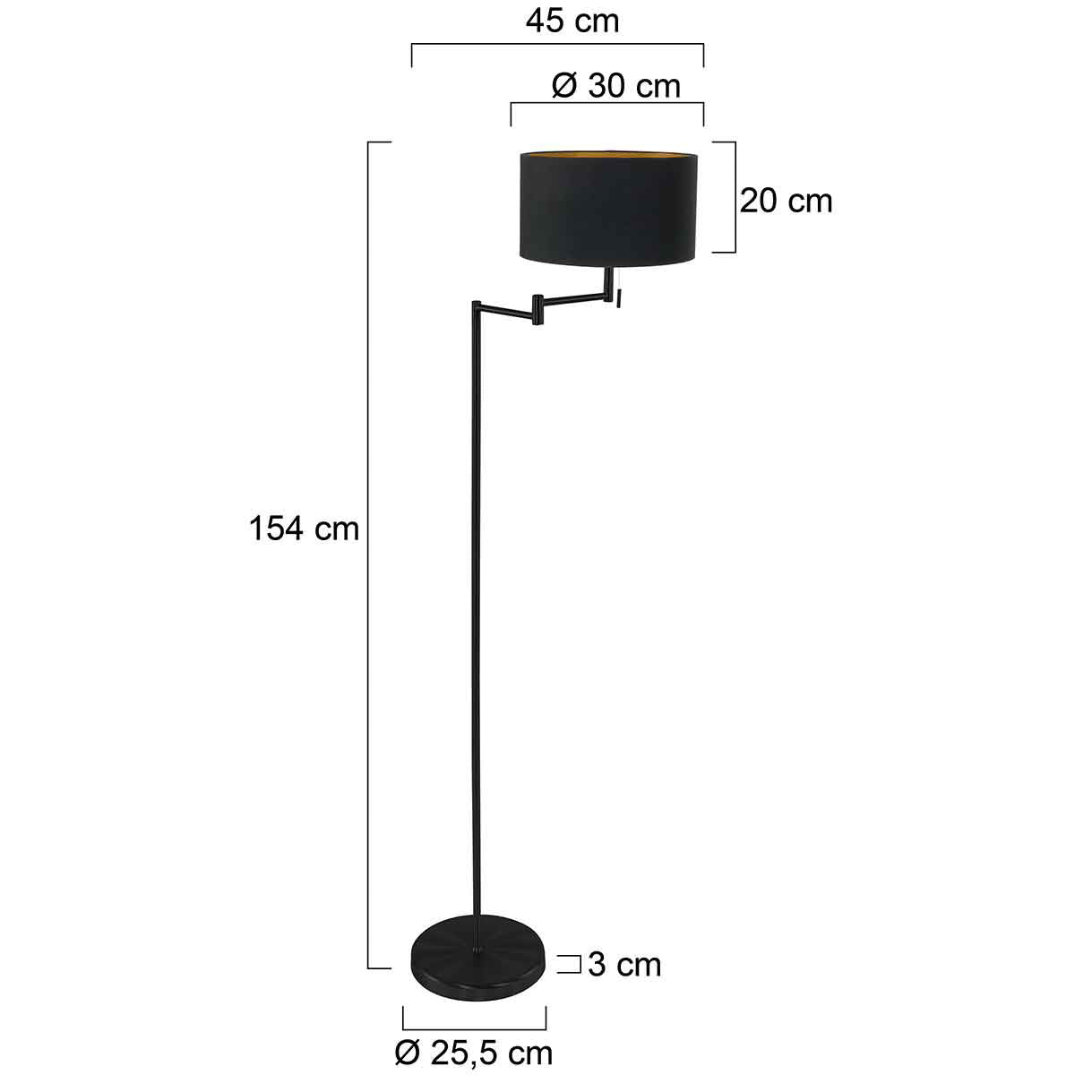 Vloerlamp Bella 3892ZW met zwart linnen kap met goudkleurige binnenkant