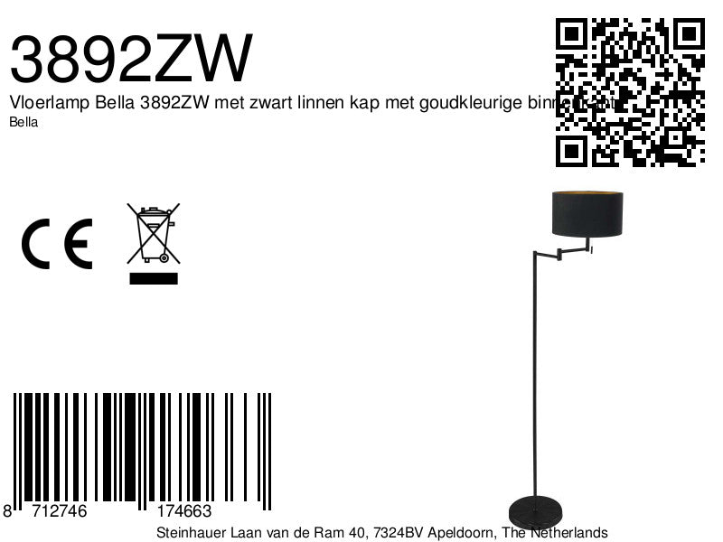 Vloerlamp Bella 3892ZW met zwart linnen kap met goudkleurige binnenkant