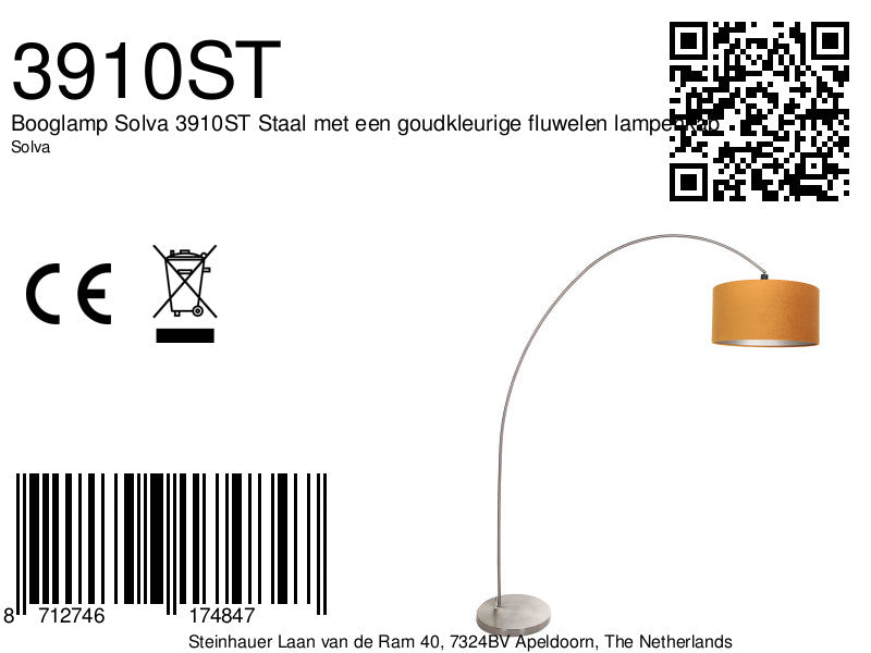 Booglamp Solva 3910ST Staal met een goudkleurige fluwelen lampenkap