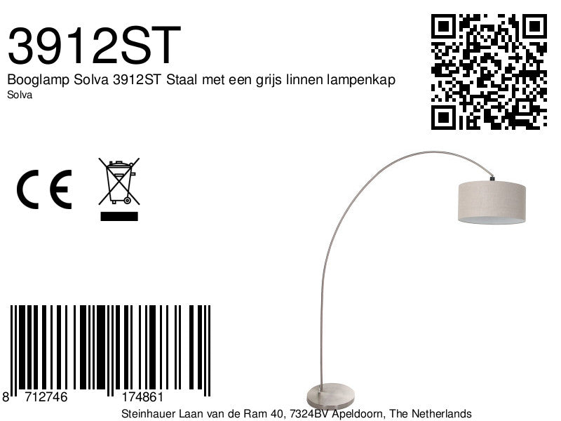 Booglamp Solva 3912ST Staal met een grijs linnen lampenkap