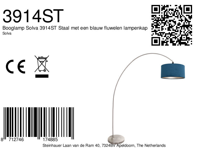 Booglamp Solva 3914ST Staal met een blauw fluwelen lampenkap