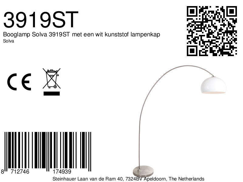 Booglamp Solva 3919ST met een wit kunststof lampenkap