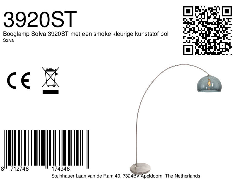 Booglamp Solva 3920ST met een smoke kleurige kunststof bol