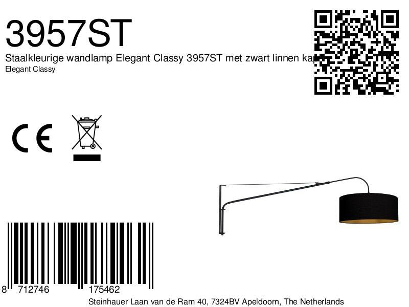 Wandlamp Elegant Classy 3957ST staal met zwarte linnen kap Ø50 cm