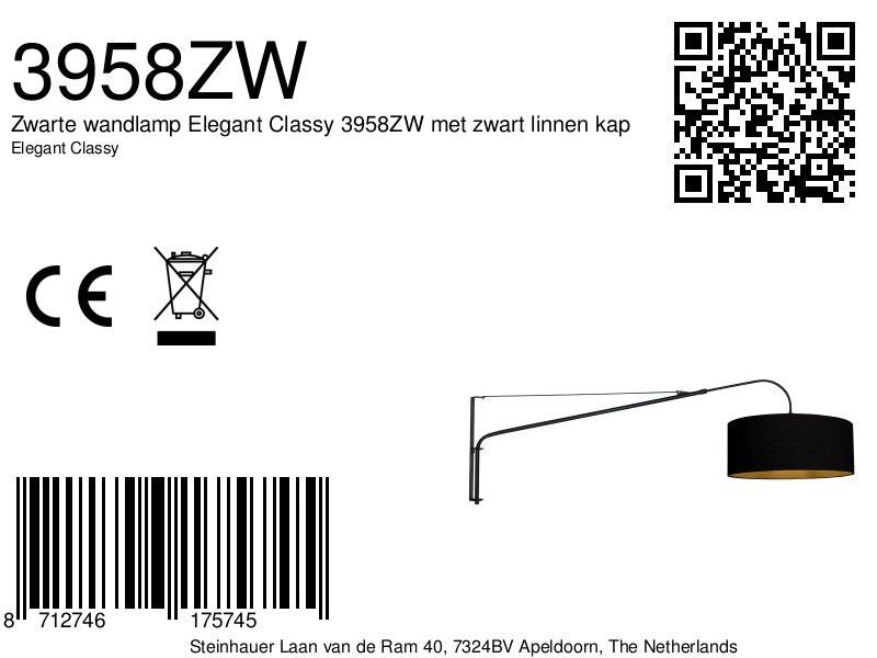 Wandlamp Elegant Classy 3958ZW zwart met zwarte linnen kap Ø50 cm
