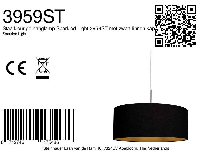 Hanglamp Sparkled Light 3959ST staal met zwart linnen kap goud