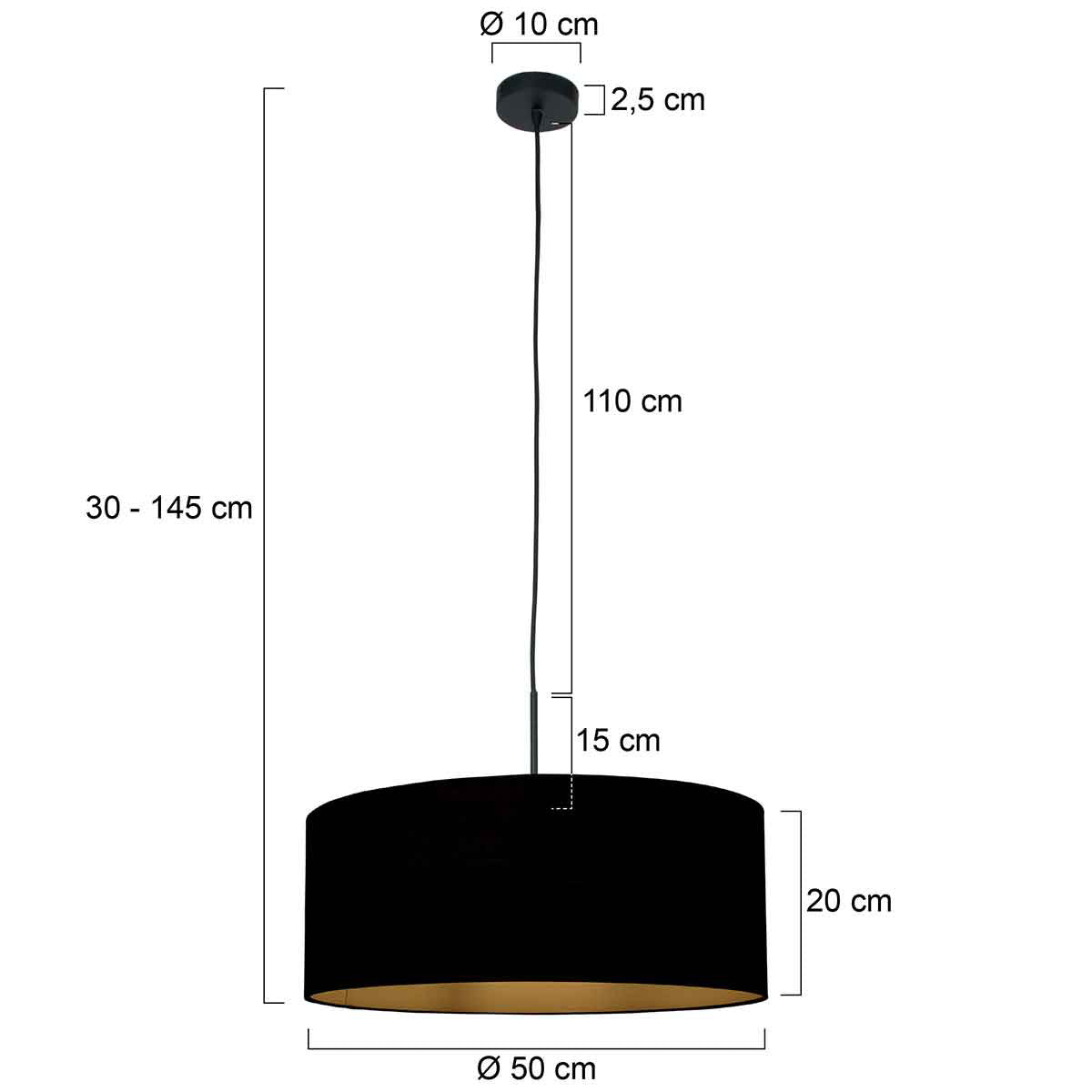 Hanglamp Sparkled Light 3960ZW, zwart met zwart linnen kap goud