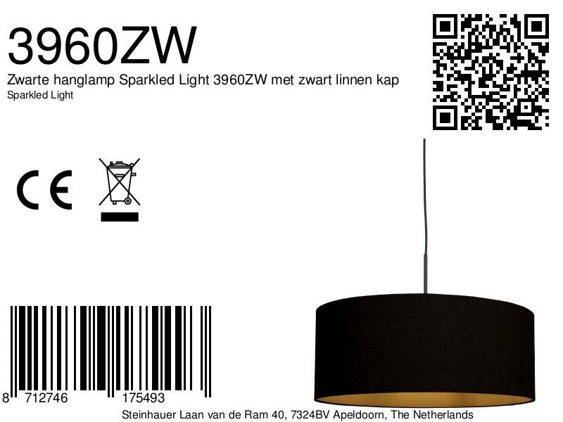 Hanglamp Sparkled Light 3960ZW, zwart met zwart linnen kap goud