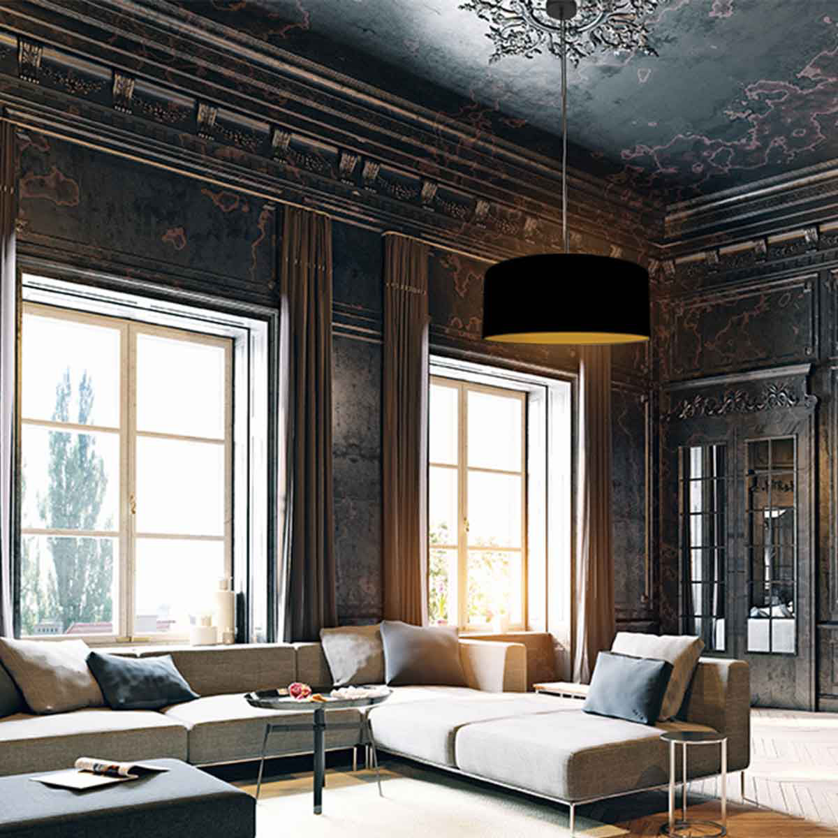 Hanglamp Sparkled Light 3960ZW, zwart met zwart linnen kap goud