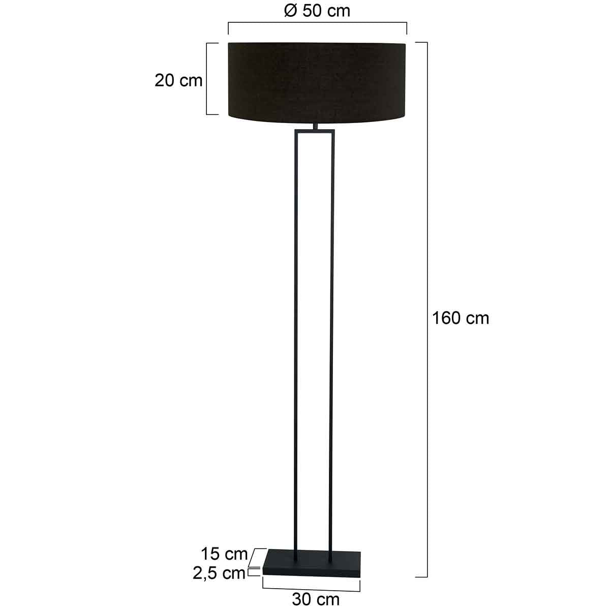 Zwarte staandelamp Stang 3962ZW met E27 fitting en zwart linnen kap met gouden binnenkant