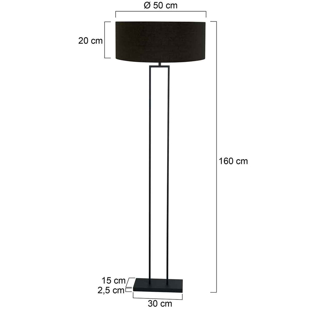 Zwarte staandelamp Stang 3962ZW met E27 fitting en zwart linnen kap met gouden binnenkant