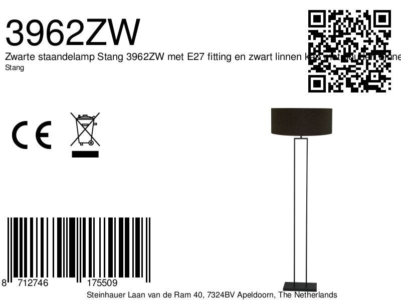 Zwarte staandelamp Stang 3962ZW met E27 fitting en zwart linnen kap met gouden binnenkant