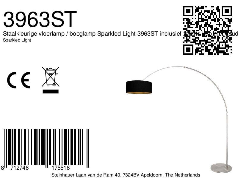 Booglamp Sparkled Light 3963ST staal met zwart linnen kap