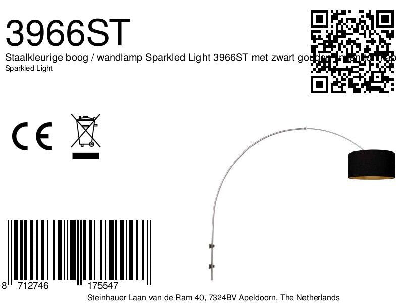 Boog wandlamp Sparkled Light 3966ST staal met luxe zwart linnen kap