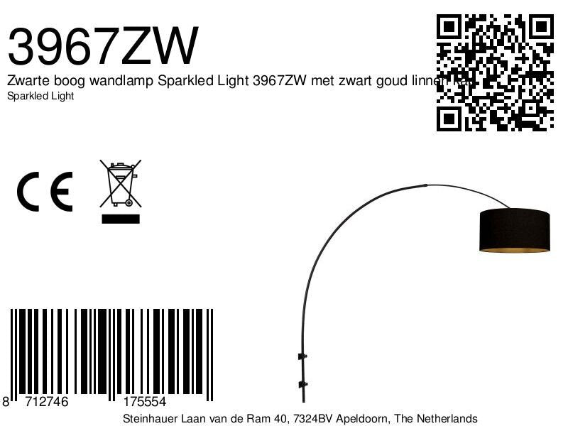 Boog wandlamp Sparkled Light 3967ZW zwart met zwart linnen kap