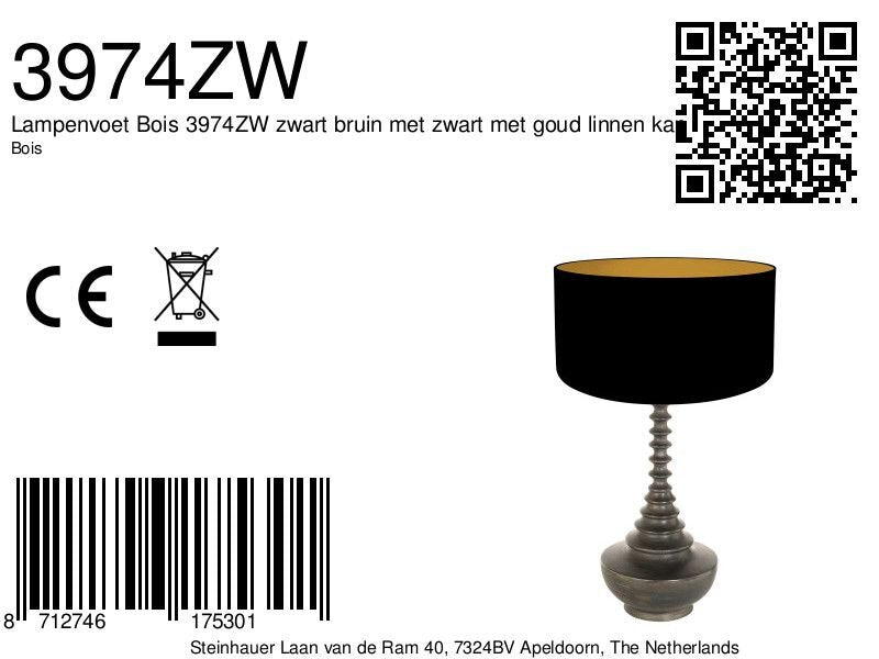 Lampenvoet Bois 3974ZW zwart bruin met zwart met goud linnen kap