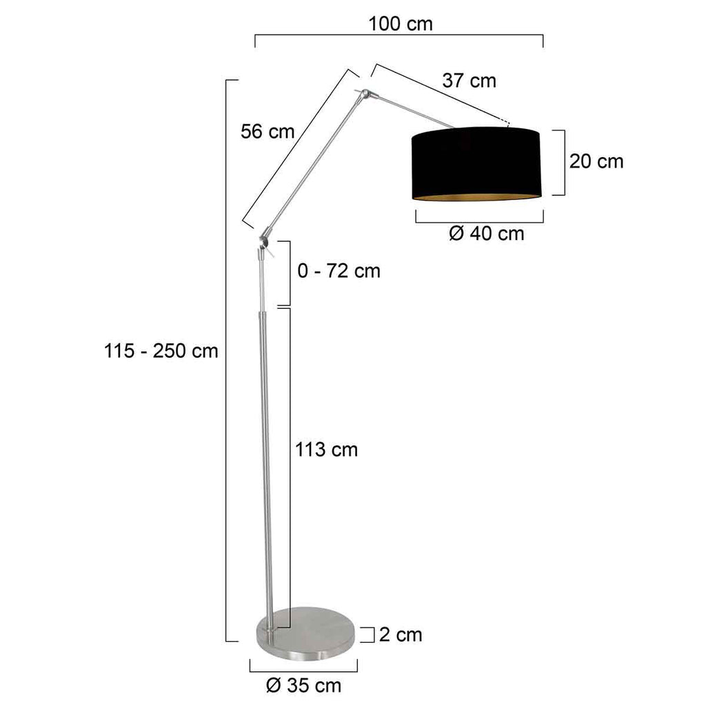 Staalkleurige vloerlamp Prestige Chic 3975ST met zwart linnen kap