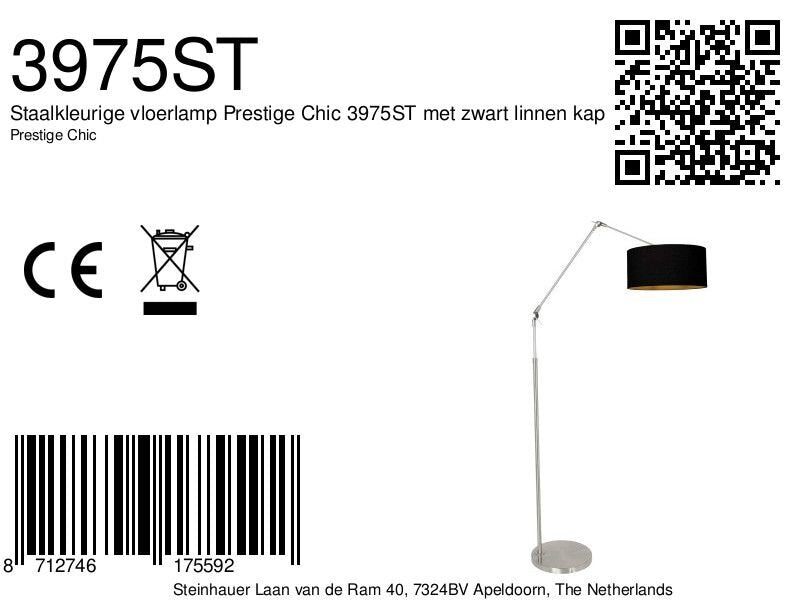 Staalkleurige vloerlamp Prestige Chic 3975ST met zwart linnen kap