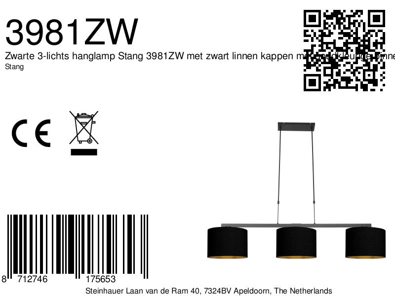 Zwarte 3-lichts hanglamp Stang 3981ZW met zwart linnen kappen met goudkleurige binnenkant