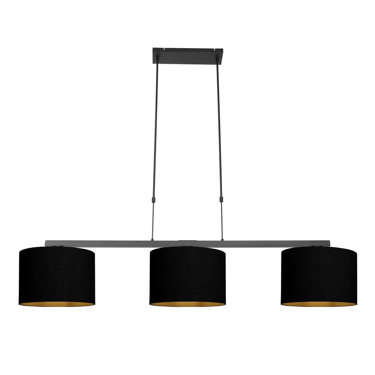 Zwarte 3-lichts hanglamp Stang 3981ZW met zwart linnen kappen met goudkleurige binnenkant