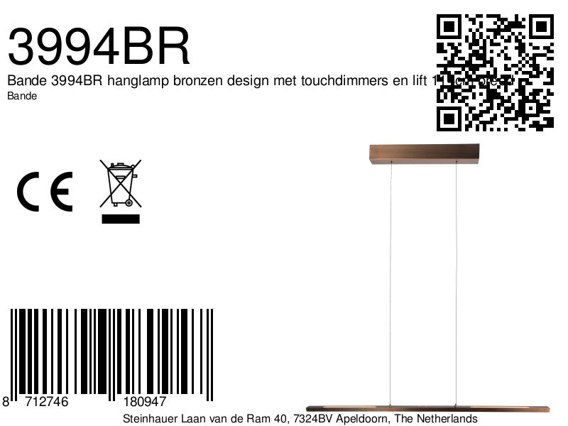 Hanglamp Bande 3994BR bronzen LED hanglamp in warme tint 114cm breed