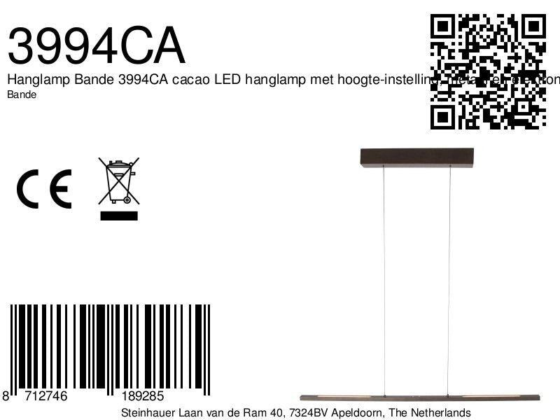 Hanglamp Bande 3994CA cacao LED hanglamp in warm bruin 114cm