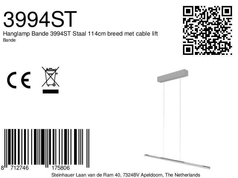 Hanglamp Bande 3994ST staal LED hanglamp met cable lift 114cm breed