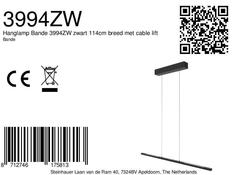 Hanglamp Bande 3994ZW zwarte LED hanglamp met cable lift 114cm breed