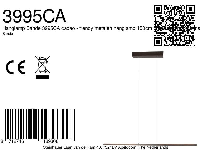 Hanglamp Bande 3995CA cacao - warm bruine hanglamp 150cm breed met cable lift