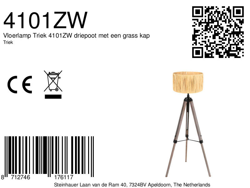 Vloerlamp Triek 4101ZW driepoot met een grass kap