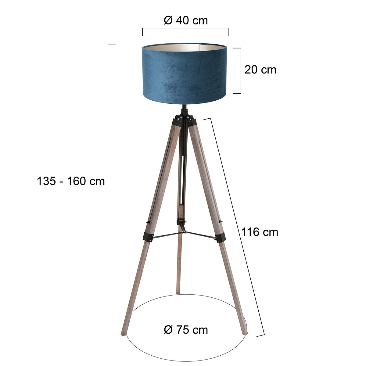 Vloerlamp Triek 4102ZW met blauwe velours kap Ø40 cm
