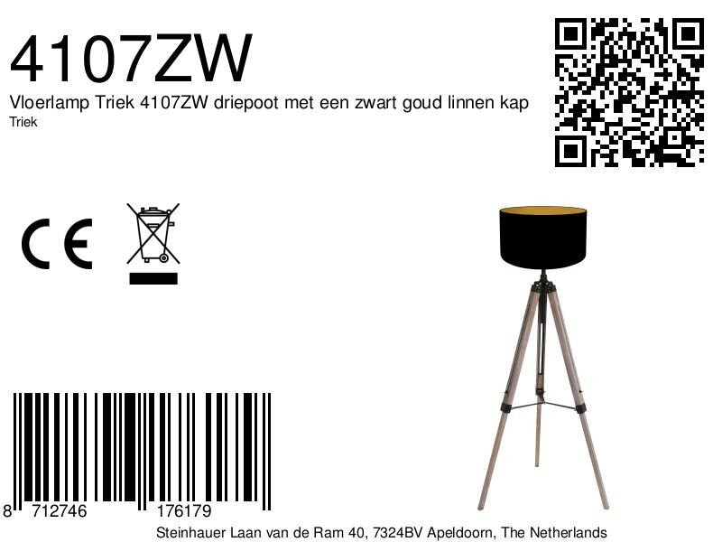 Vloerlamp Triek 4107ZW met zwart-gouden linnen kap Ø40 cm
