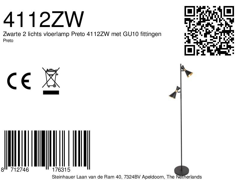 Zwarte 2 lichts vloerlamp Preto 4112ZW met GU10 fittingen