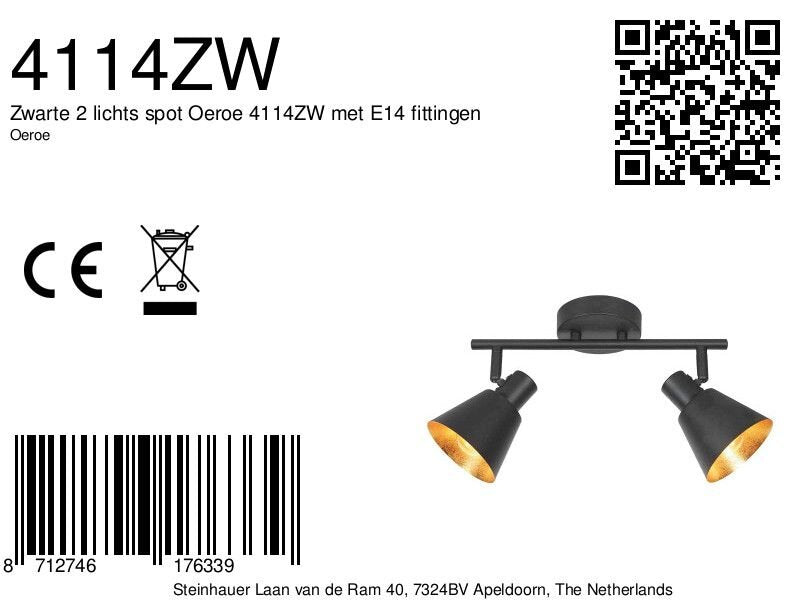 Zwarte 2 lichts spot Oeroe 4114ZW met E14 fittingen