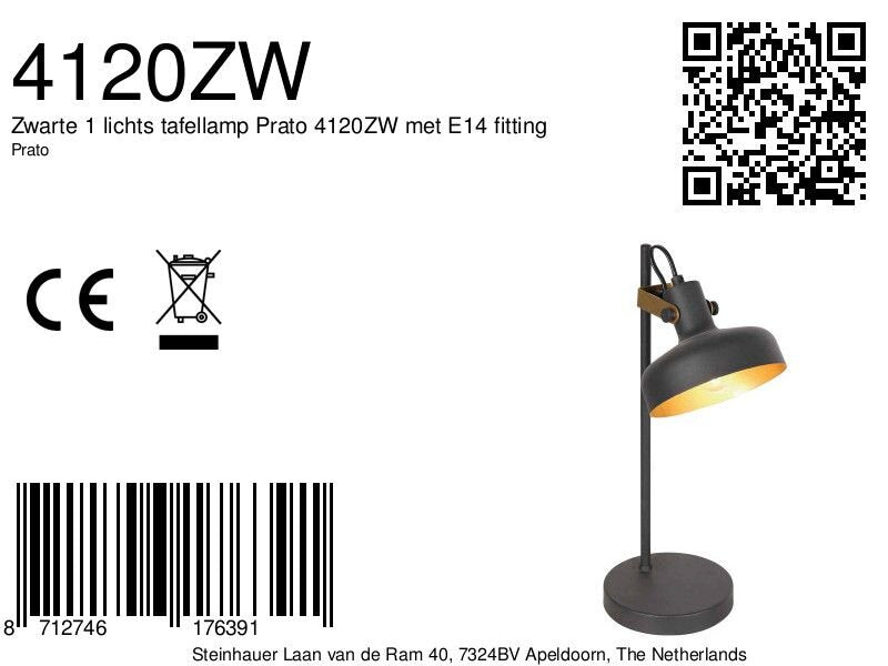 Zwarte 1 lichts tafellamp Prato 4120ZW met E14 fitting