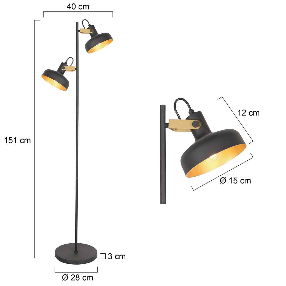 Zwarte 2 lichts vloerlamp Prato 4121ZW met E14 fittingen