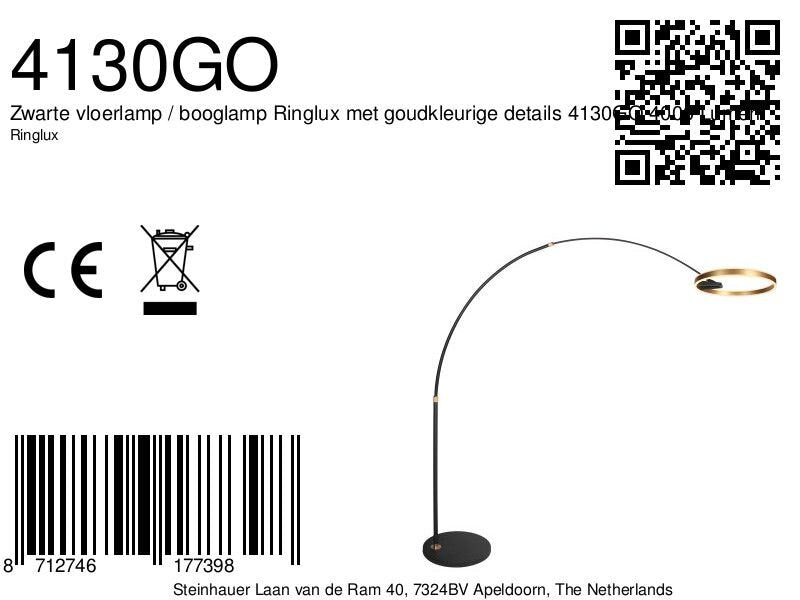 Booglamp Ringlux 4130GO zwart met goud luxe LED vloerlamp