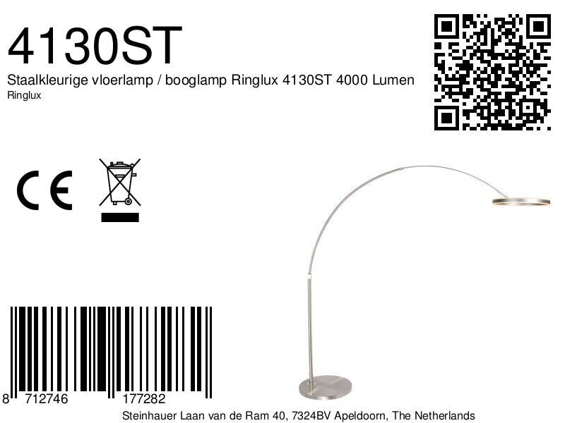 Booglamp Ringlux 4130ST staalkleurige LED vloerlamp met klasse