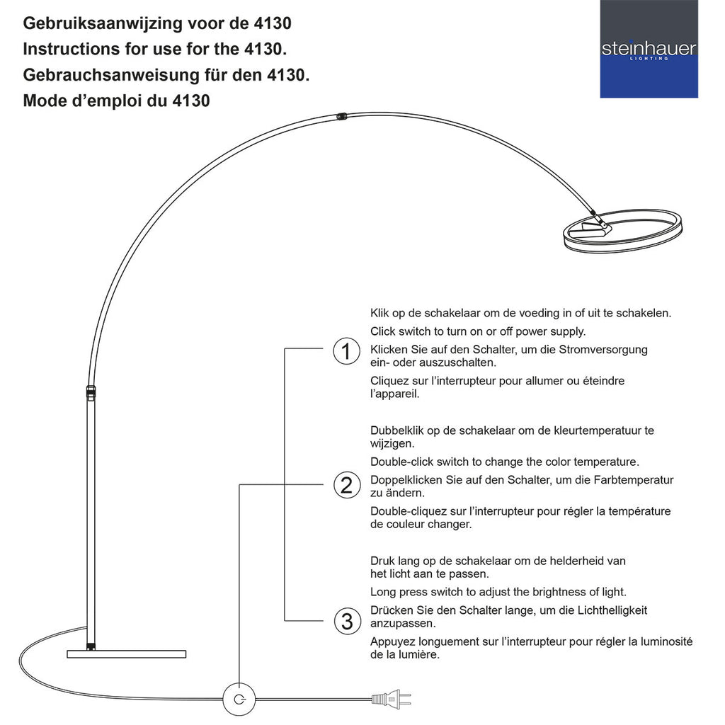 Booglamp Ringlux 4130ST staalkleurige LED vloerlamp met klasse