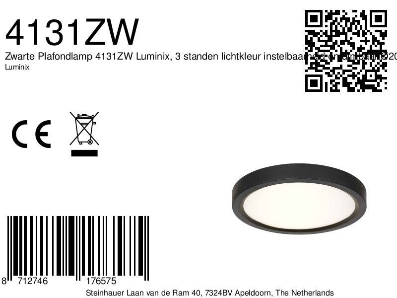 Zwarte Plafondlamp 4131ZW met 3 standen dimfunctie en lichtkleur instelbaarheid Ø20 cm