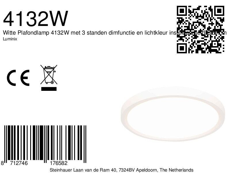 Witte Plafondlamp 4132W met 3 standen dimfunctie en lichtkleur instelbaarheid Ø29 cm