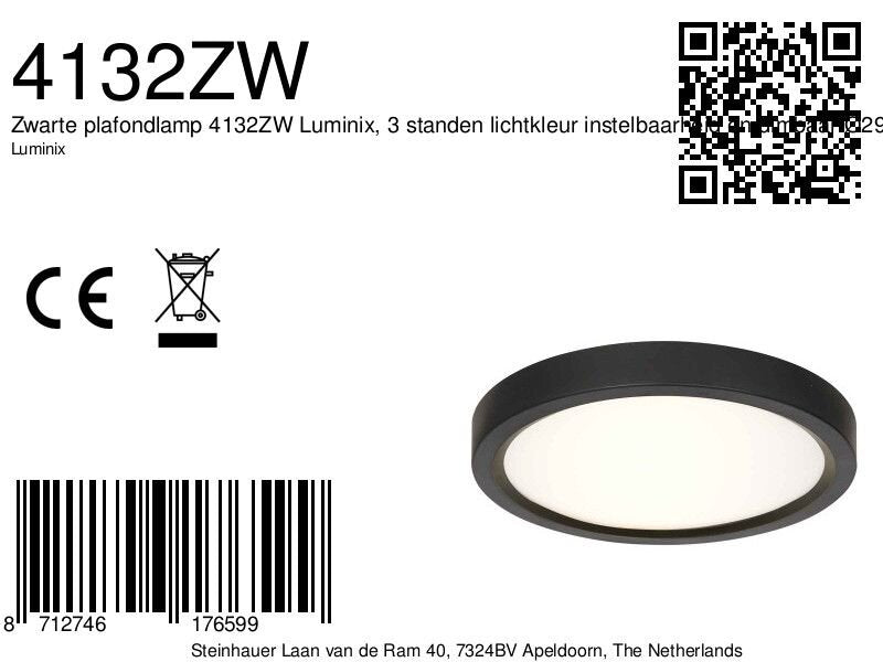 Plafondlamp Luminix 4132ZW zwarte LED lamp Ø29 cm IP44