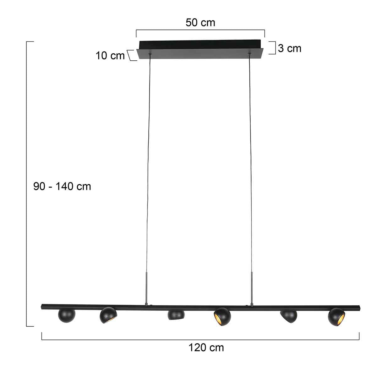 Zwarte hanglamp Marcadore 120cm breed 6 lichts
