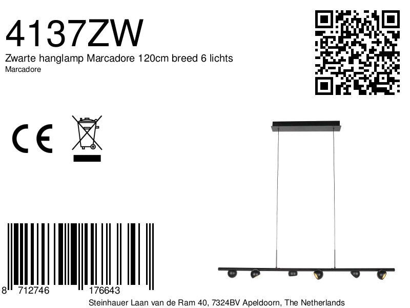 Zwarte hanglamp Marcadore 120cm breed 6 lichts