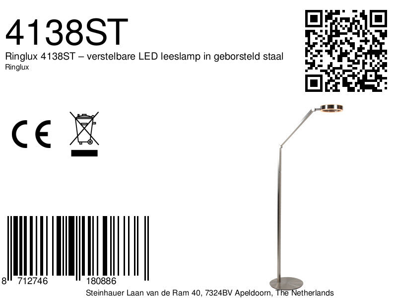 Vloerlamp Ringlux 4138ST stalen LED leeslamp met touchdimmer
