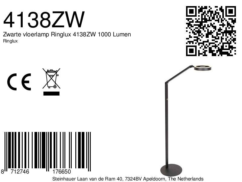 Vloerlamp Ringlux 4138ZW zwarte LED leeslamp 1000 lumen