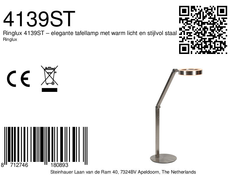 Tafellamp Ringlux 4139ST stalen LED lamp met dimmer