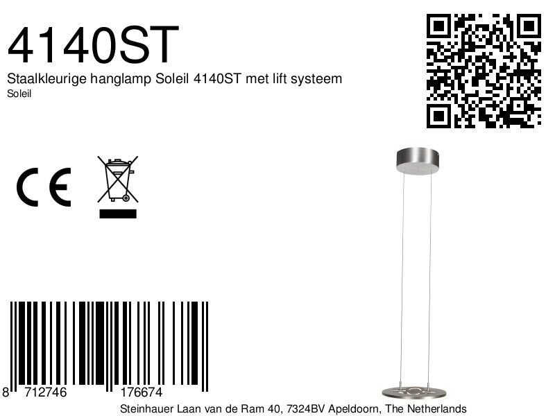 Staalkleurige hanglamp Soleil 4140ST met lift systeem